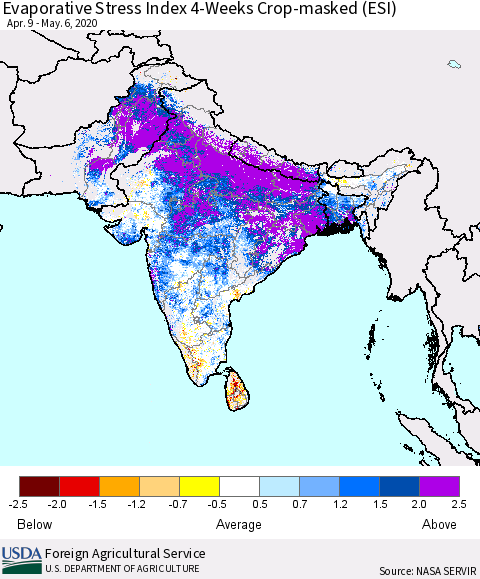 Southern Asia Evaporative Stress Index (ESI), 4-Weeks over Croplands Thematic Map For 5/4/2020 - 5/10/2020