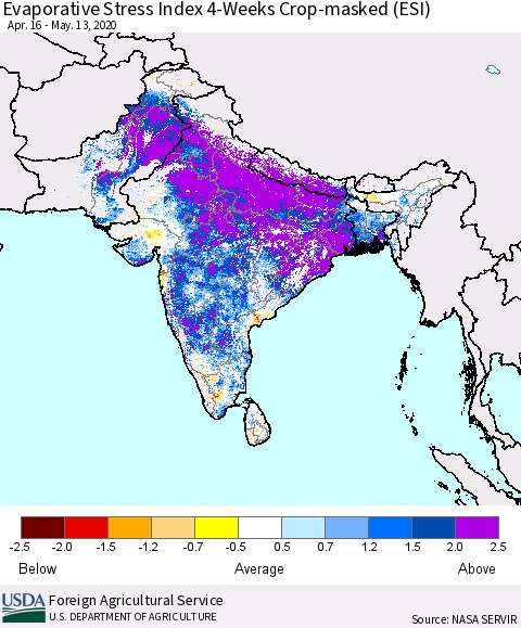 Southern Asia Evaporative Stress Index (ESI), 4-Weeks over Croplands Thematic Map For 5/11/2020 - 5/17/2020