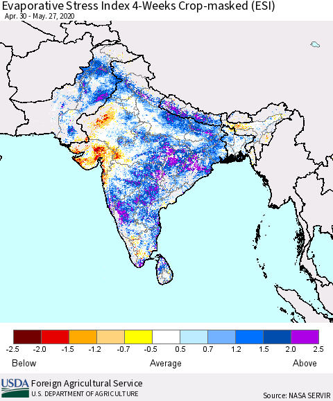 Southern Asia Evaporative Stress Index (ESI), 4-Weeks over Croplands Thematic Map For 5/25/2020 - 5/31/2020