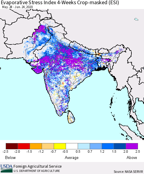 Southern Asia Evaporative Stress Index (ESI), 4-Weeks over Croplands Thematic Map For 6/22/2020 - 6/28/2020