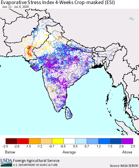 Southern Asia Evaporative Stress Index (ESI), 4-Weeks over Croplands Thematic Map For 7/6/2020 - 7/12/2020