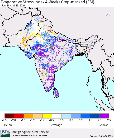 Southern Asia Evaporative Stress Index (ESI), 4-Weeks over Croplands Thematic Map For 7/13/2020 - 7/19/2020