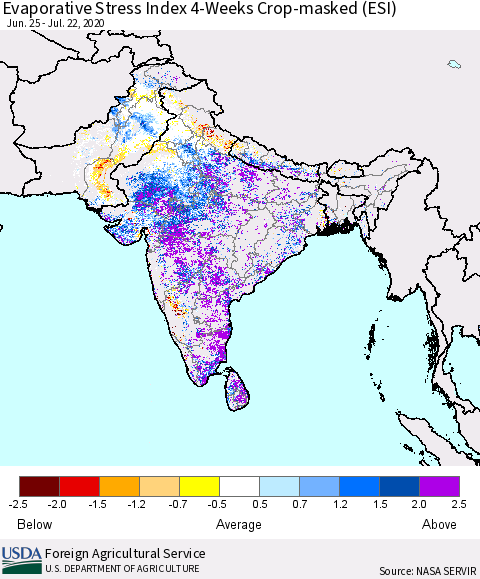 Southern Asia Evaporative Stress Index (ESI), 4-Weeks over Croplands Thematic Map For 7/20/2020 - 7/26/2020