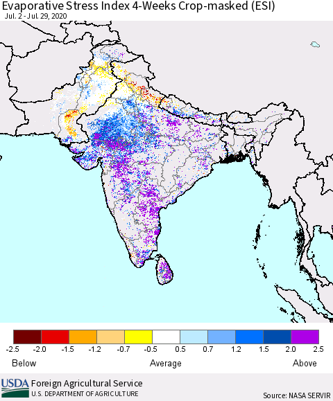 Southern Asia Evaporative Stress Index (ESI), 4-Weeks over Croplands Thematic Map For 7/27/2020 - 8/2/2020