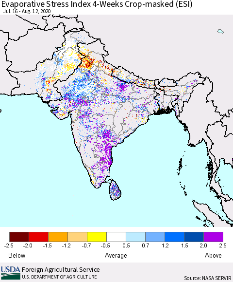 Southern Asia Evaporative Stress Index (ESI), 4-Weeks over Croplands Thematic Map For 8/10/2020 - 8/16/2020