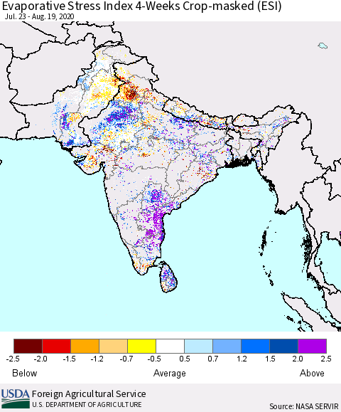 Southern Asia Evaporative Stress Index (ESI), 4-Weeks over Croplands Thematic Map For 8/17/2020 - 8/23/2020