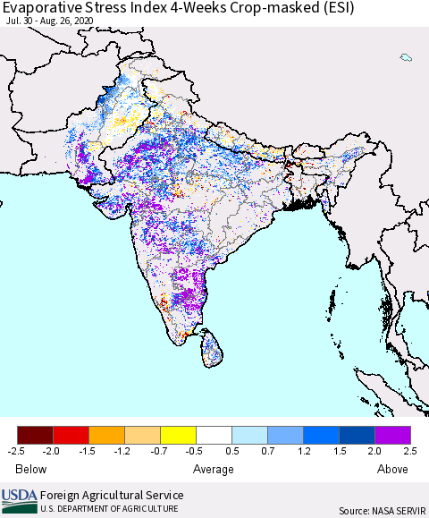 Southern Asia Evaporative Stress Index (ESI), 4-Weeks over Croplands Thematic Map For 8/24/2020 - 8/30/2020