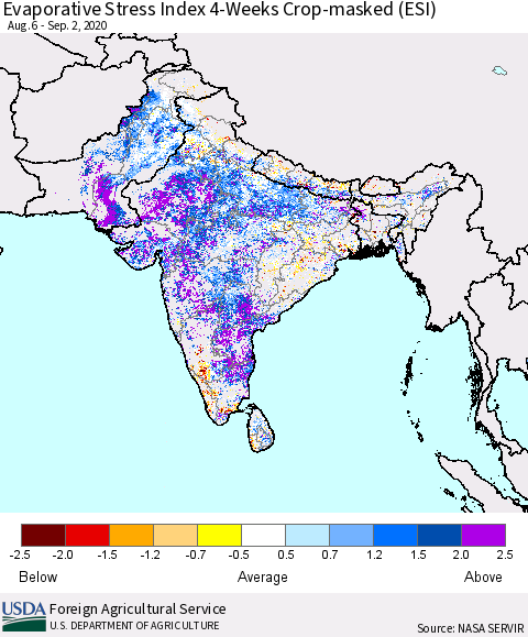 Southern Asia Evaporative Stress Index (ESI), 4-Weeks over Croplands Thematic Map For 8/31/2020 - 9/6/2020