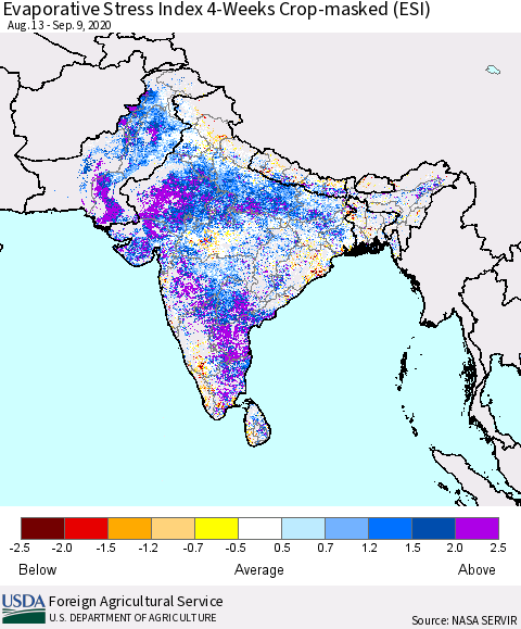 Southern Asia Evaporative Stress Index (ESI), 4-Weeks over Croplands Thematic Map For 9/7/2020 - 9/13/2020