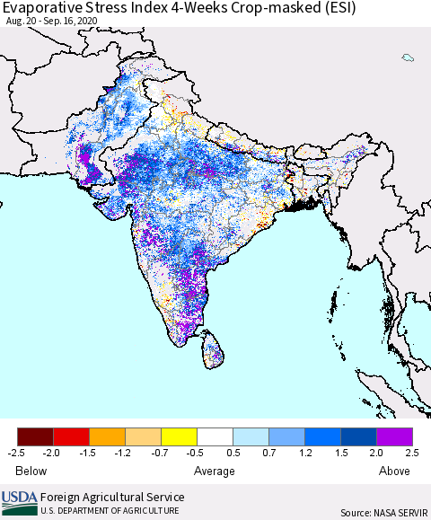 Southern Asia Evaporative Stress Index (ESI), 4-Weeks over Croplands Thematic Map For 9/14/2020 - 9/20/2020