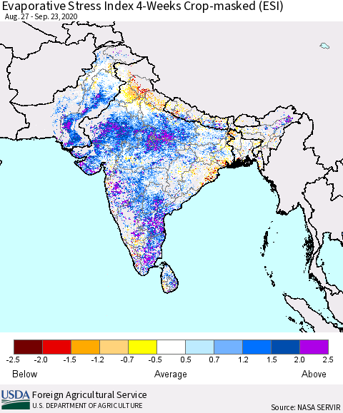 Southern Asia Evaporative Stress Index (ESI), 4-Weeks over Croplands Thematic Map For 9/21/2020 - 9/27/2020