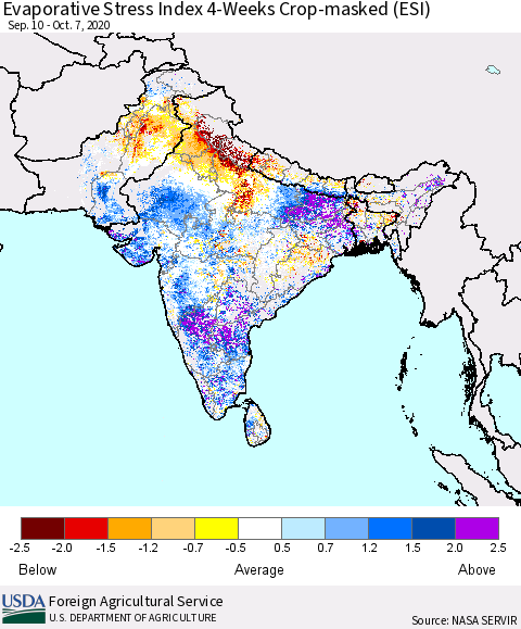 Southern Asia Evaporative Stress Index 4-Weeks Crop-masked (ESI) Thematic Map For 10/5/2020 - 10/11/2020