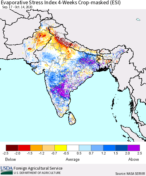 Southern Asia Evaporative Stress Index 4-Weeks Crop-masked (ESI) Thematic Map For 10/12/2020 - 10/18/2020