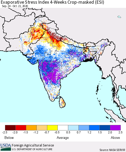 Southern Asia Evaporative Stress Index 4-Weeks Crop-masked (ESI) Thematic Map For 10/19/2020 - 10/25/2020