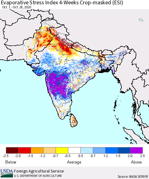 Southern Asia Evaporative Stress Index 4-Weeks Crop-masked (ESI) Thematic Map For 10/26/2020 - 11/1/2020