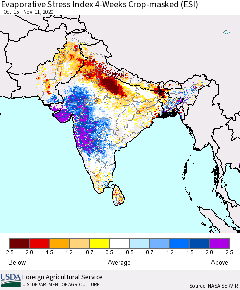 Southern Asia Evaporative Stress Index (ESI), 4-Weeks over Croplands Thematic Map For 11/9/2020 - 11/15/2020
