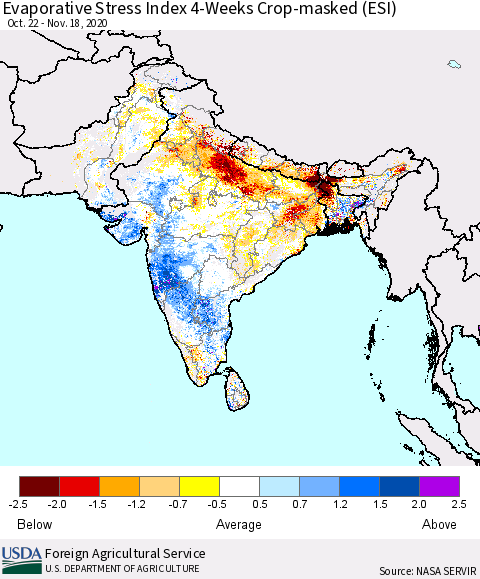 Southern Asia Evaporative Stress Index (ESI), 4-Weeks over Croplands Thematic Map For 11/16/2020 - 11/22/2020