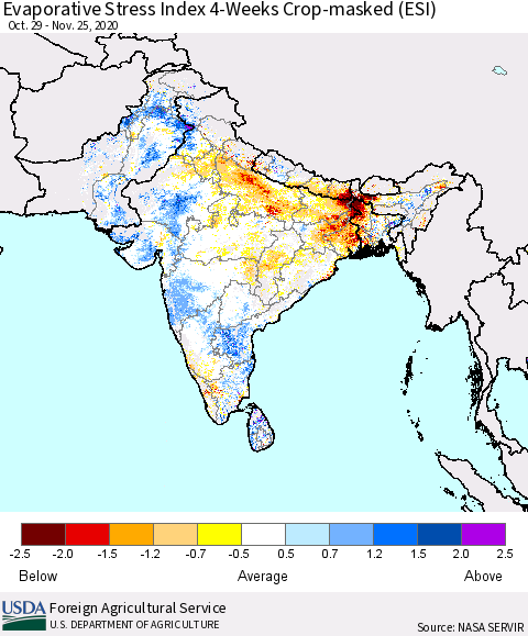 Southern Asia Evaporative Stress Index 4-Weeks Crop-masked (ESI) Thematic Map For 11/23/2020 - 11/29/2020