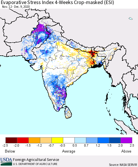 Southern Asia Evaporative Stress Index (ESI), 4-Weeks over Croplands Thematic Map For 12/7/2020 - 12/13/2020