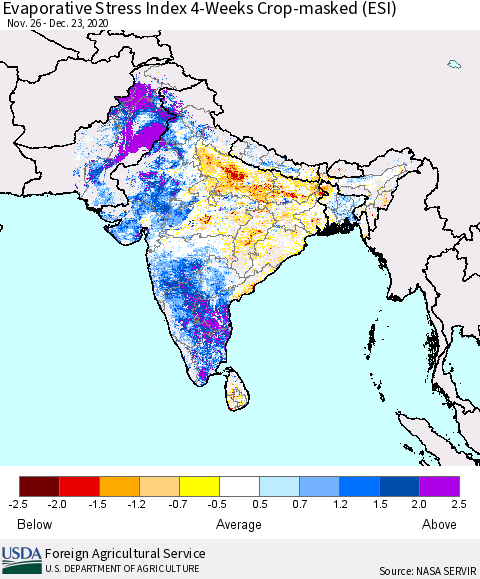 Southern Asia Evaporative Stress Index (ESI), 4-Weeks over Croplands Thematic Map For 12/21/2020 - 12/27/2020