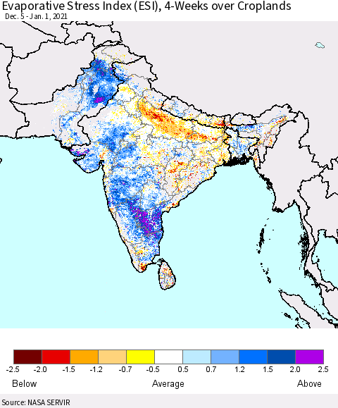 Southern Asia Evaporative Stress Index (ESI), 4-Weeks over Croplands Thematic Map For 12/28/2020 - 1/3/2021