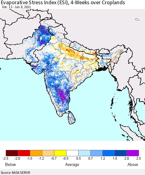Southern Asia Evaporative Stress Index (ESI), 4-Weeks over Croplands Thematic Map For 1/4/2021 - 1/10/2021