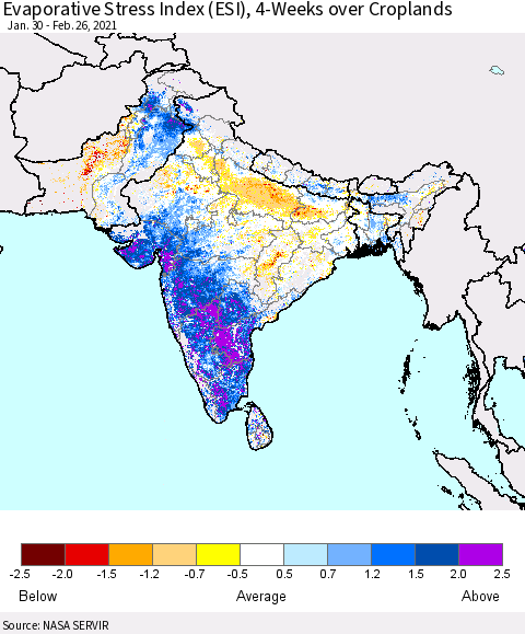 Southern Asia Evaporative Stress Index (ESI), 4-Weeks over Croplands Thematic Map For 2/22/2021 - 2/28/2021