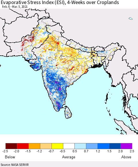 Southern Asia Evaporative Stress Index (ESI), 4-Weeks over Croplands Thematic Map For 3/1/2021 - 3/7/2021