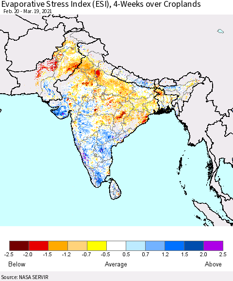 Southern Asia Evaporative Stress Index 4-Weeks Crop-masked (ESI) Thematic Map For 3/15/2021 - 3/21/2021