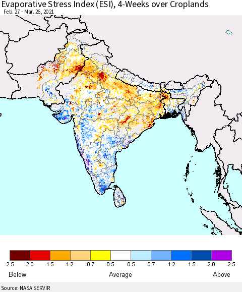 Southern Asia Evaporative Stress Index (ESI), 4-Weeks over Croplands Thematic Map For 3/22/2021 - 3/28/2021