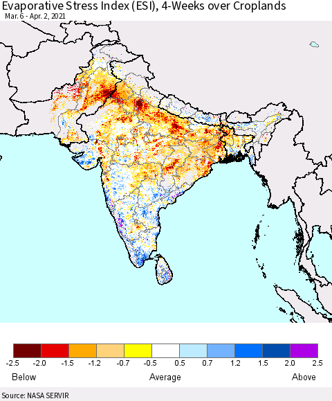 Southern Asia Evaporative Stress Index (ESI), 4-Weeks over Croplands Thematic Map For 3/29/2021 - 4/4/2021