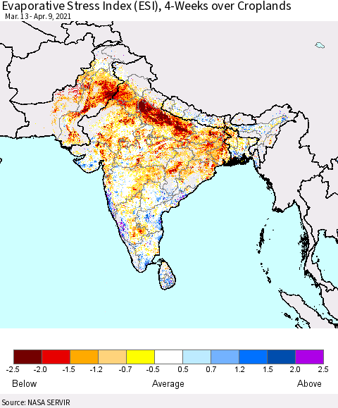 Southern Asia Evaporative Stress Index 4-Weeks Crop-masked (ESI) Thematic Map For 4/5/2021 - 4/11/2021