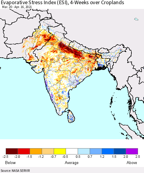 Southern Asia Evaporative Stress Index (ESI), 4-Weeks over Croplands Thematic Map For 4/12/2021 - 4/18/2021