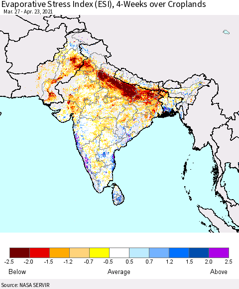 Southern Asia Evaporative Stress Index (ESI), 4-Weeks over Croplands Thematic Map For 4/19/2021 - 4/25/2021