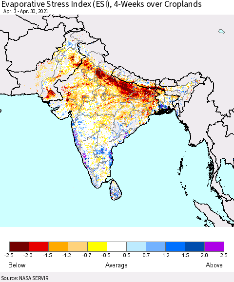 Southern Asia Evaporative Stress Index (ESI), 4-Weeks over Croplands Thematic Map For 4/26/2021 - 5/2/2021