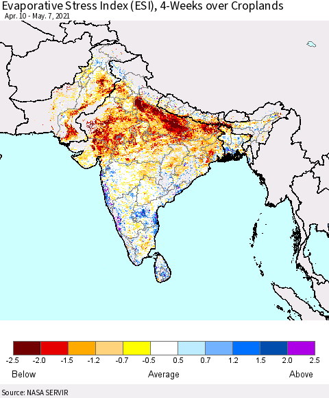 Southern Asia Evaporative Stress Index (ESI), 4-Weeks over Croplands Thematic Map For 5/3/2021 - 5/9/2021