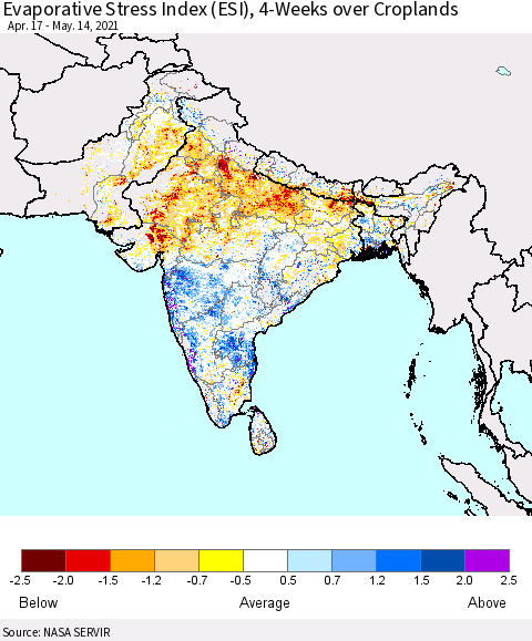 Southern Asia Evaporative Stress Index (ESI), 4-Weeks over Croplands Thematic Map For 5/10/2021 - 5/16/2021