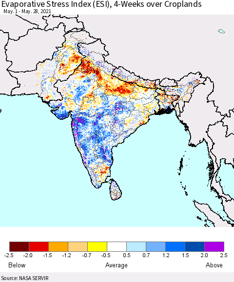Southern Asia Evaporative Stress Index (ESI), 4-Weeks over Croplands Thematic Map For 5/24/2021 - 5/30/2021