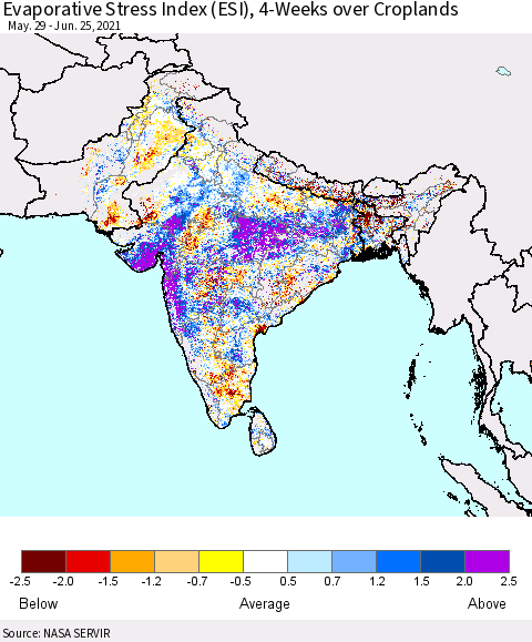 Southern Asia Evaporative Stress Index (ESI), 4-Weeks over Croplands Thematic Map For 6/21/2021 - 6/27/2021