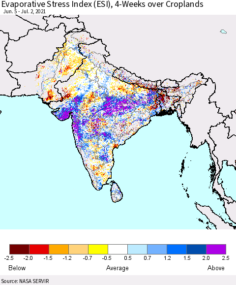 Southern Asia Evaporative Stress Index (ESI), 4-Weeks over Croplands Thematic Map For 6/28/2021 - 7/4/2021