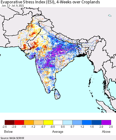 Southern Asia Evaporative Stress Index (ESI), 4-Weeks over Croplands Thematic Map For 7/5/2021 - 7/11/2021