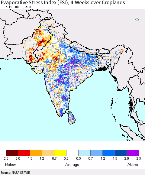 Southern Asia Evaporative Stress Index (ESI), 4-Weeks over Croplands Thematic Map For 7/12/2021 - 7/18/2021