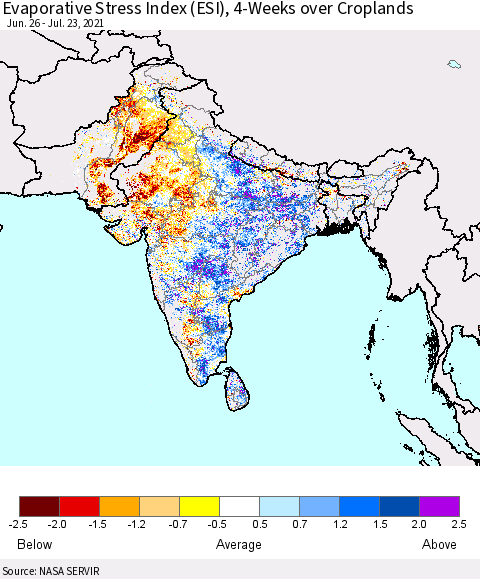 Southern Asia Evaporative Stress Index (ESI), 4-Weeks over Croplands Thematic Map For 7/19/2021 - 7/25/2021