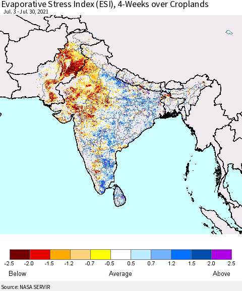 Southern Asia Evaporative Stress Index (ESI), 4-Weeks over Croplands Thematic Map For 7/26/2021 - 8/1/2021