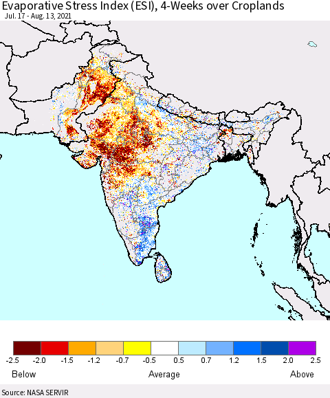 Southern Asia Evaporative Stress Index (ESI), 4-Weeks over Croplands Thematic Map For 8/9/2021 - 8/15/2021