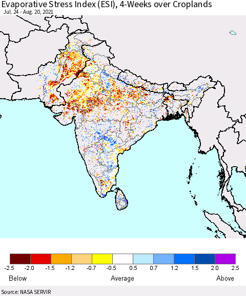 Southern Asia Evaporative Stress Index (ESI), 4-Weeks over Croplands Thematic Map For 8/16/2021 - 8/22/2021