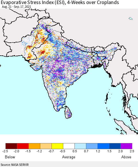 Southern Asia Evaporative Stress Index (ESI), 4-Weeks over Croplands Thematic Map For 9/13/2021 - 9/19/2021