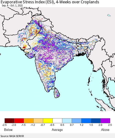 Southern Asia Evaporative Stress Index (ESI), 4-Weeks over Croplands Thematic Map For 9/27/2021 - 10/3/2021