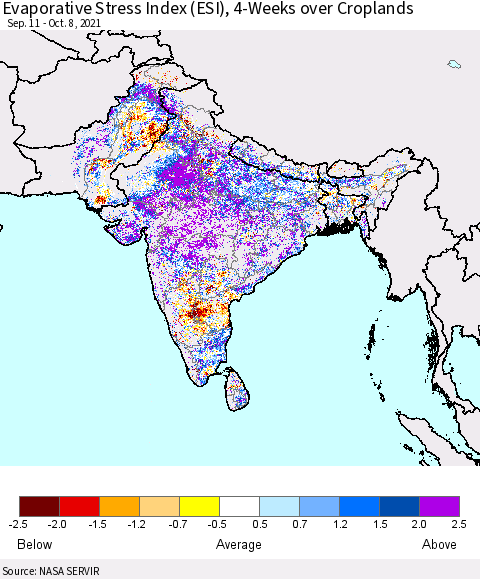 Southern Asia Evaporative Stress Index (ESI), 4-Weeks over Croplands Thematic Map For 10/4/2021 - 10/10/2021