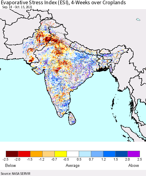 Southern Asia Evaporative Stress Index (ESI), 4-Weeks over Croplands Thematic Map For 10/11/2021 - 10/17/2021